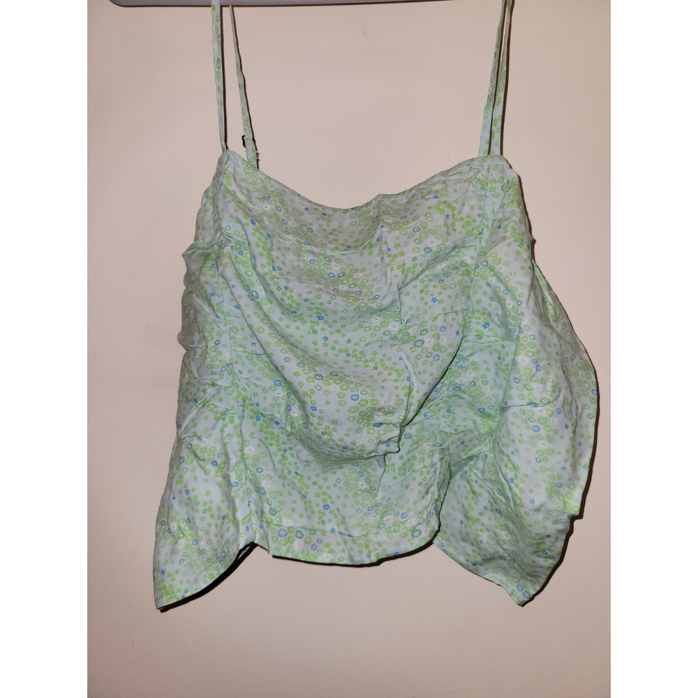 Floral Ruffle Camisole Top Green Blue Smocked Back Adjustable Straps Small